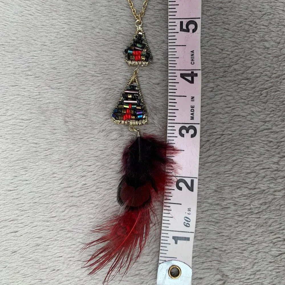 Express Layered Golden-Toned Beaded Triangles and Feather Necklace - Picture 14 of 15